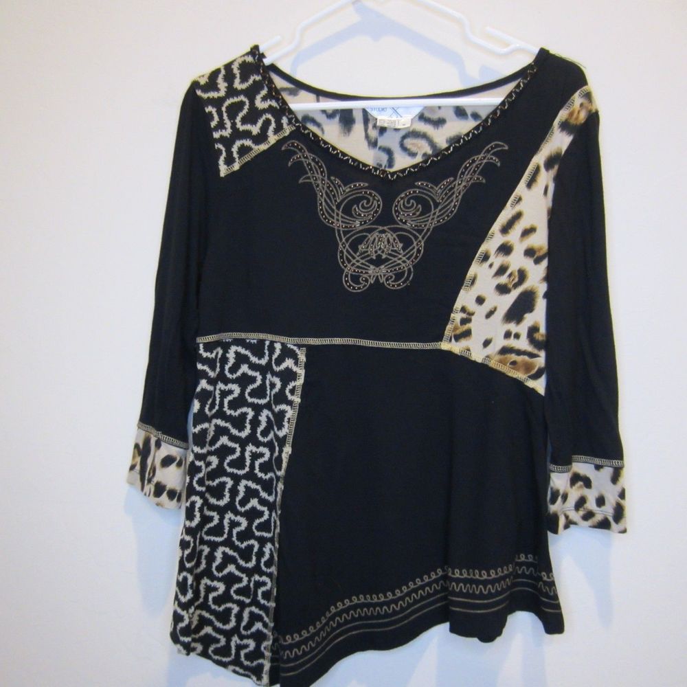 Studio X womens hand made beaded leopard animal print top-Sz M